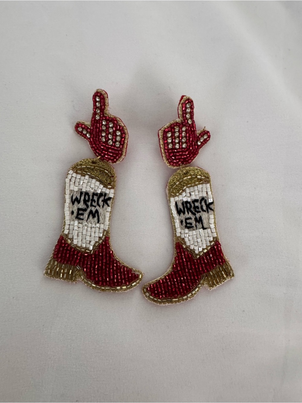 Texas Tech Beaded 'Wreck 'Em' Cowboy Boot and Finger Earrings - Red, White, Gold